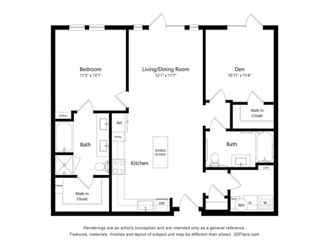 Floor plan for 2 beds, 2 baths, 1082 sqft